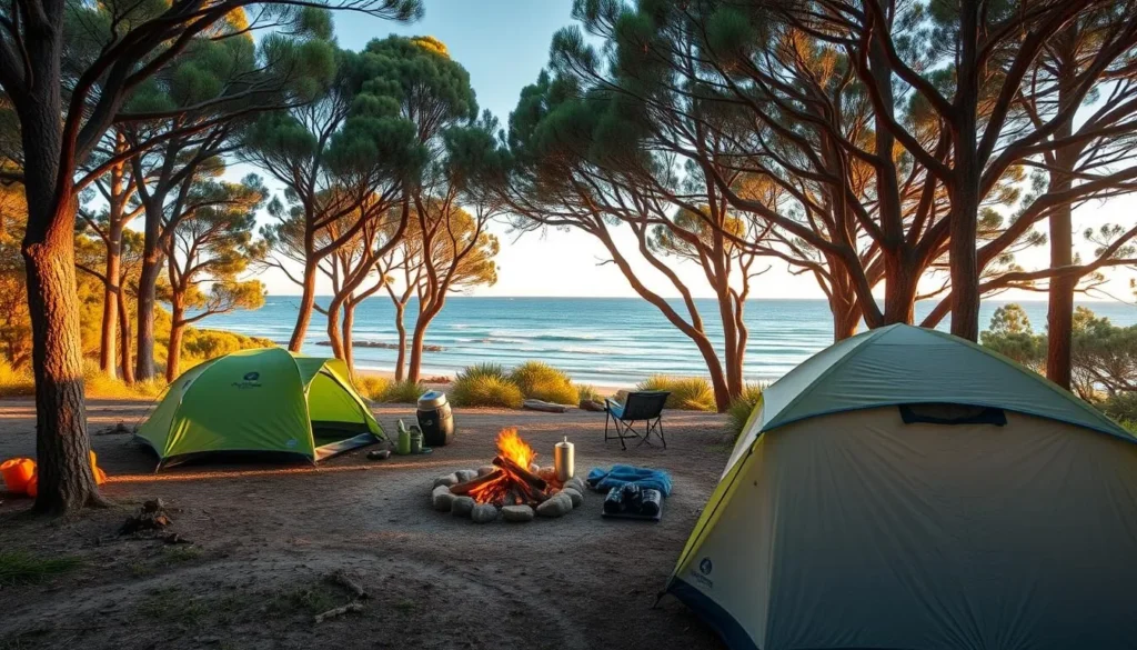 Camping site at Mystery Bay in Eurobodalla National Park with tents among trees near the beach