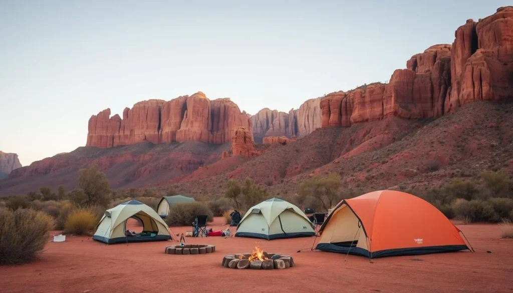 Camping site in the Macdonnell Ranges with tents set up against the backdrop of red cliffs