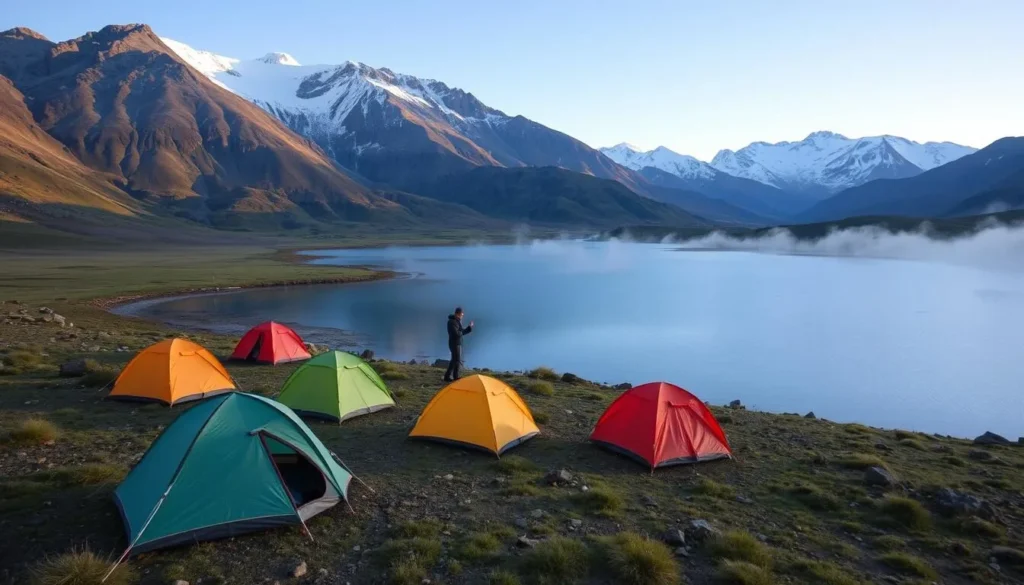 Camping site in the highland area of Lorentz National Park with tents set up near Lake Habbema Camping site in the highland area of Lorentz National Park with tents set up near Lake Habbema