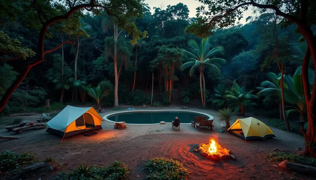 Camping site near the natural pool in Zahamena National Park at sunset