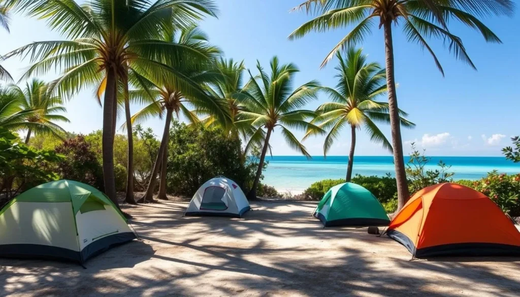 Camping site on Elliott Key in Biscayne National Park, Florida with tents set up near the shoreline Camping site on Elliott Key in Biscayne National Park, Florida with tents set up near the shoreline