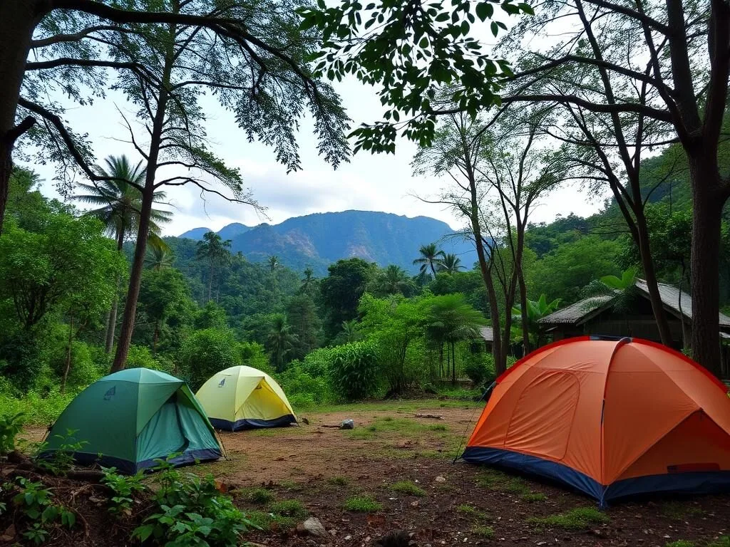 Camping site within Gandang Dewata National Park Indonesia with tents set up in a clearing Camping site within Gandang Dewata National Park Indonesia with tents set up in a clearing