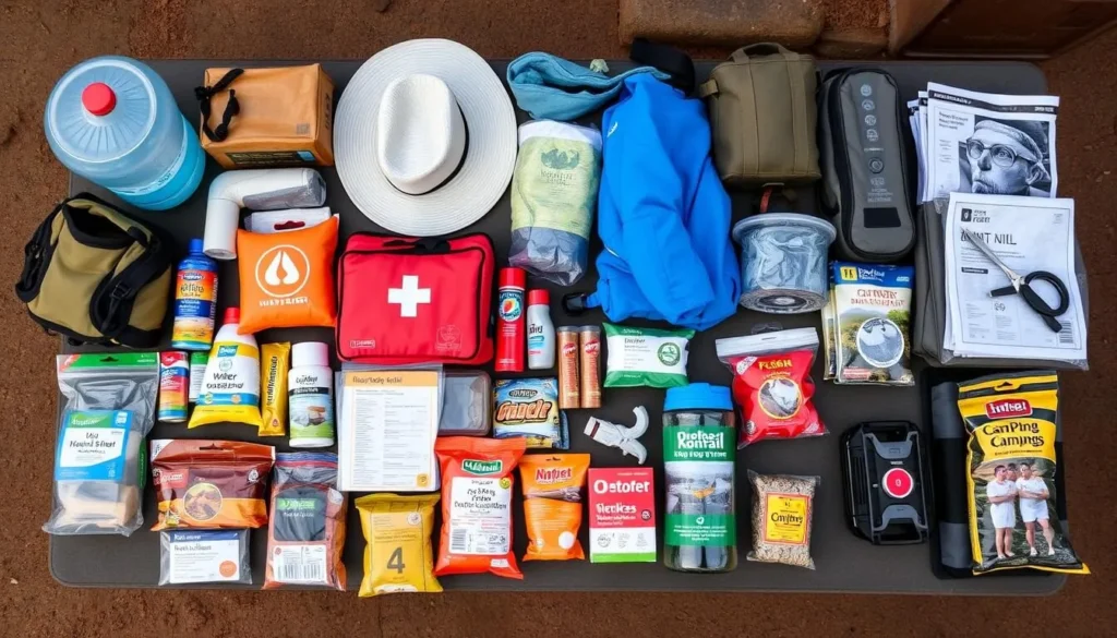 Camping supplies and equipment laid out for a trip to Lawn Hill Gorge