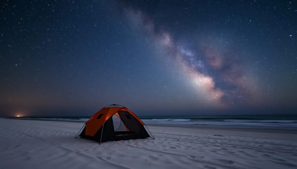 Camping tent on beach with starry night sky at Isla Partida, Mexico