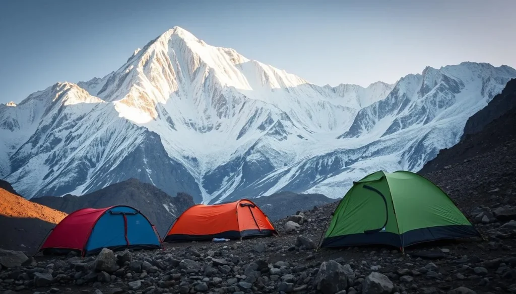 Camping tents at Sumantri Peak base camp with mountain backdrop