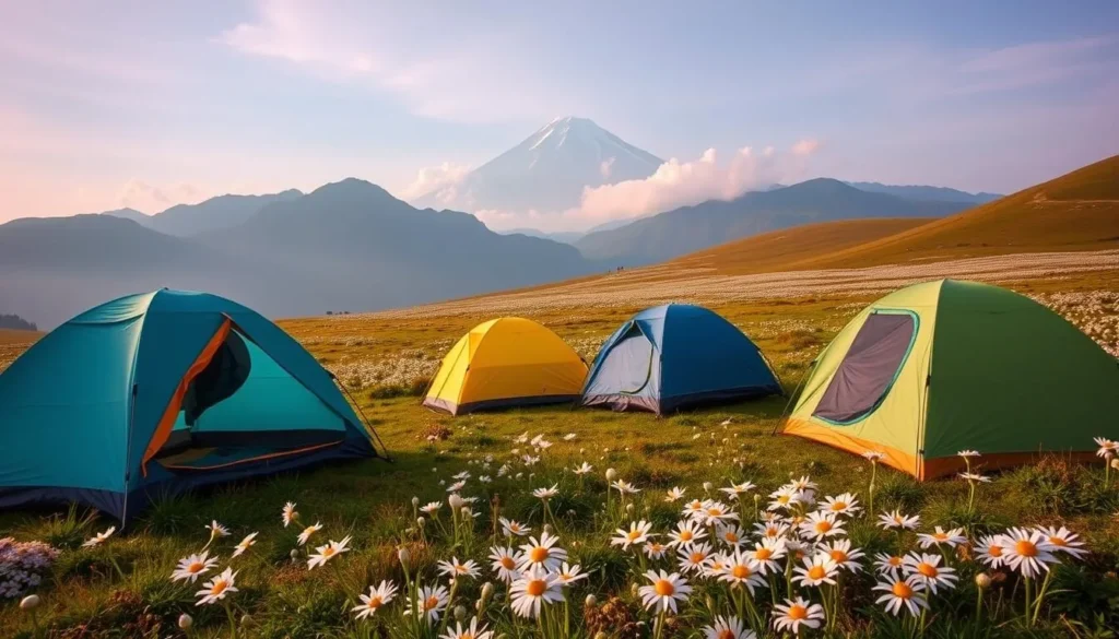 Camping tents set up at Alun-Alun Suryakencana meadow with Mount Gede in the background Camping tents set up at Alun-Alun Suryakencana meadow with Mount Gede in the background