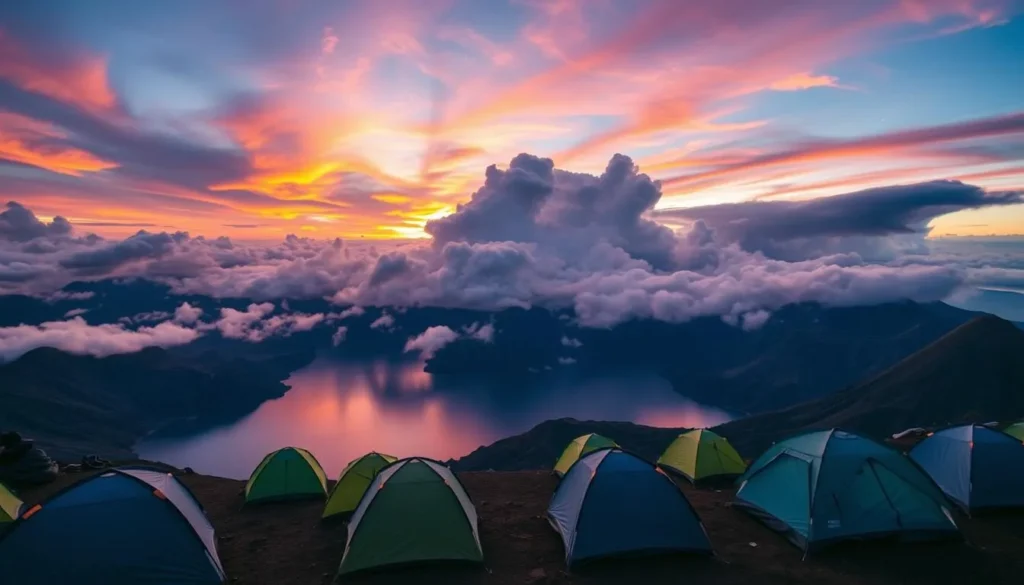 Camping tents set up at Mount Rinjani crater rim with spectacular view of the lake below Camping tents set up at Mount Rinjani crater rim with spectacular view of the lake below