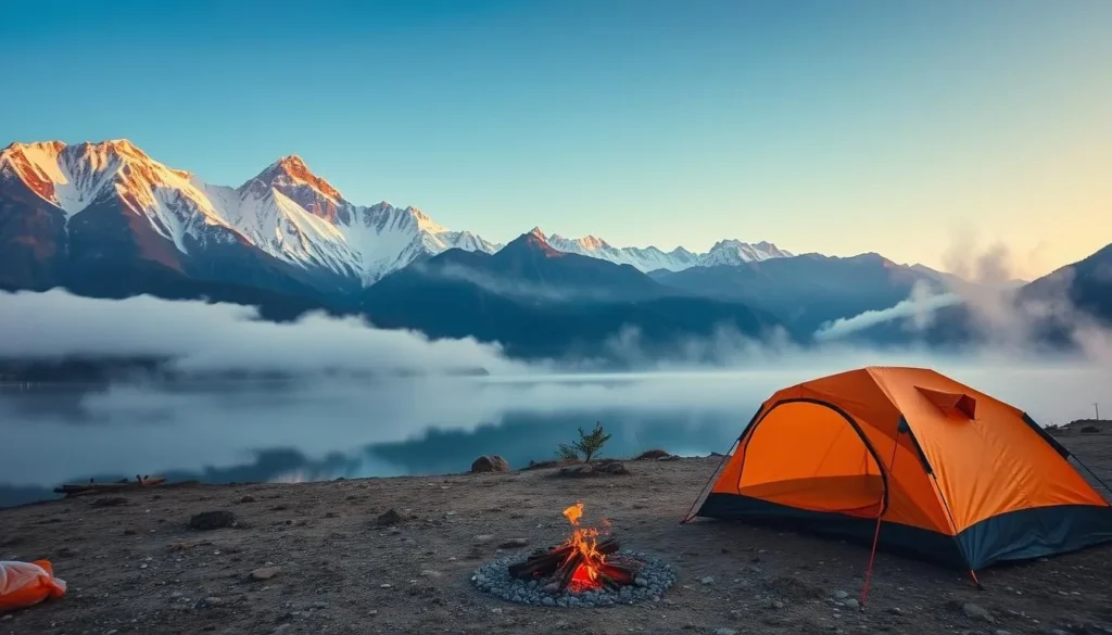 Camping tents set up near Thorthormi Lake with the Himalayan mountains in the background