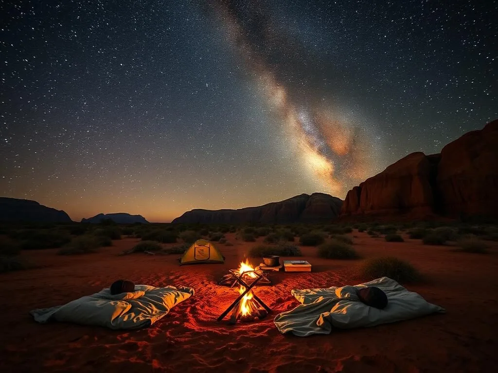 Camping under the stars near Kings Canyon with swags and campfire