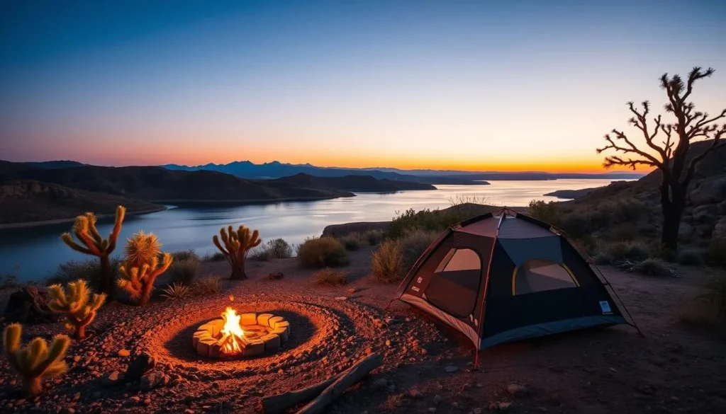 Campsite at Amistad National Recreation Area with tent setup near the water's edge