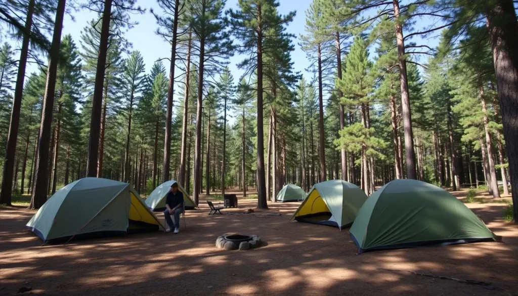 Campsite at Basaseachic Falls National Park with tents set up among pine trees