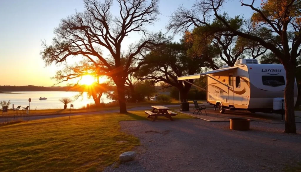 Campsite at Cedar Hill State Park Texas with RV and lake view