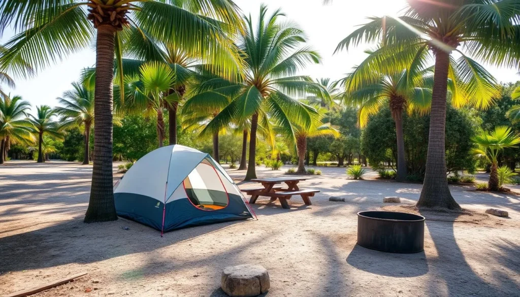 Campsite at Collier-Seminole State Park with tent set up under palm trees