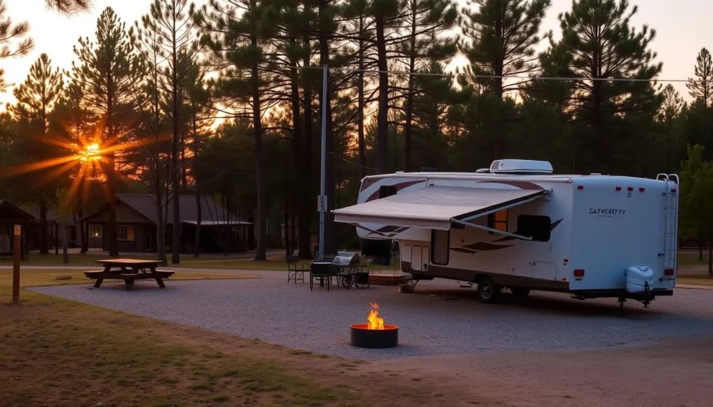 Campsite at Colt Creek State Park at sunset with an RV and campfire