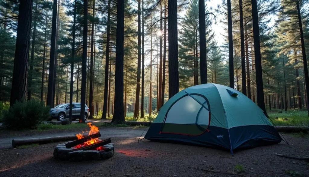 Campsite at Copper Falls State Park with tent setup among pine trees