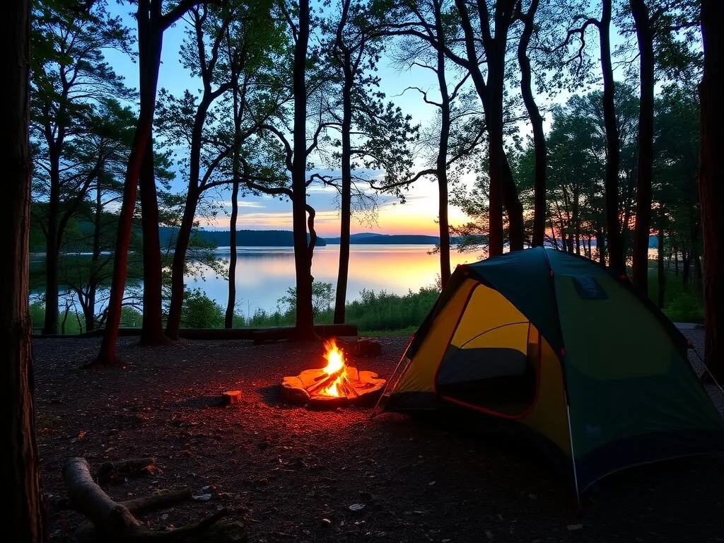 Campsite at Dale Hollow Lake State Resort Park with tent and campfire Campsite at Dale Hollow Lake State Resort Park with tent and campfire