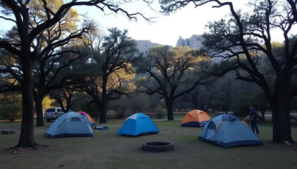 Campsite at Dinosaur Valley State Park with tents set up among trees