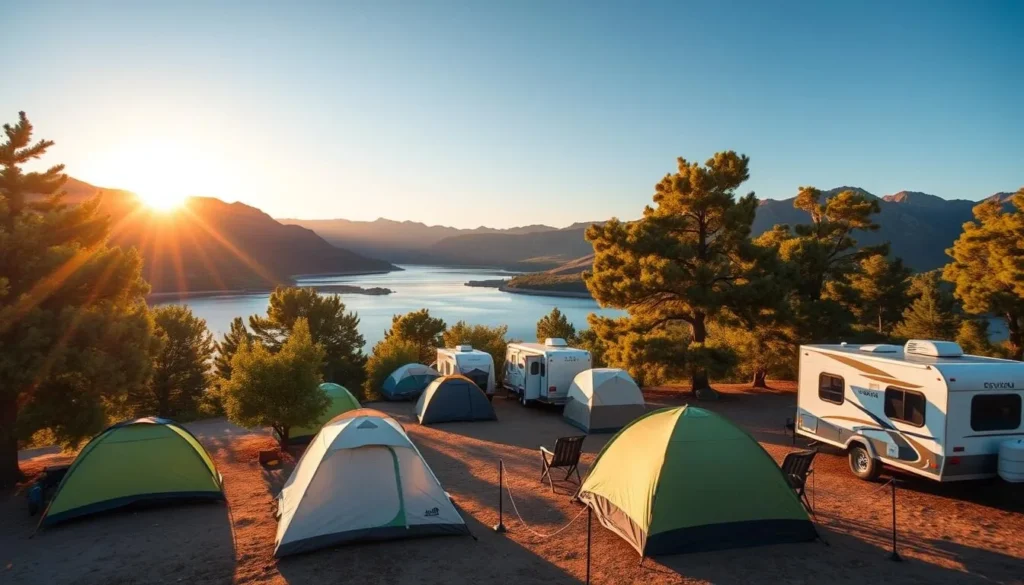 Campsite at East Canyon State Park with tents and RVs overlooking the reservoir