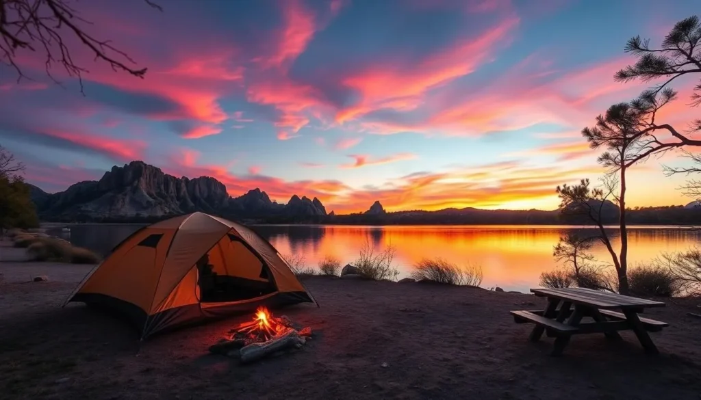 Campsite at Inks Lake State Park with a tent set up near the water's edge at sunset