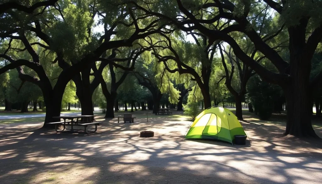 Campsite at Lake Griffin State Park with tent set up under oak trees