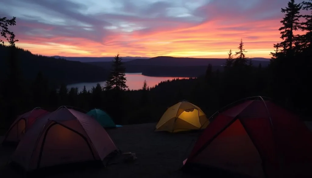 Campsite at Lake Kaco during sunset with tents glowing