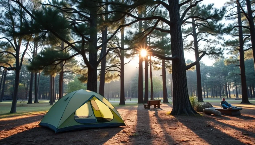Campsite at Lake Manatee State Park with tent set up under pine trees Campsite at Lake Manatee State Park with tent set up under pine trees