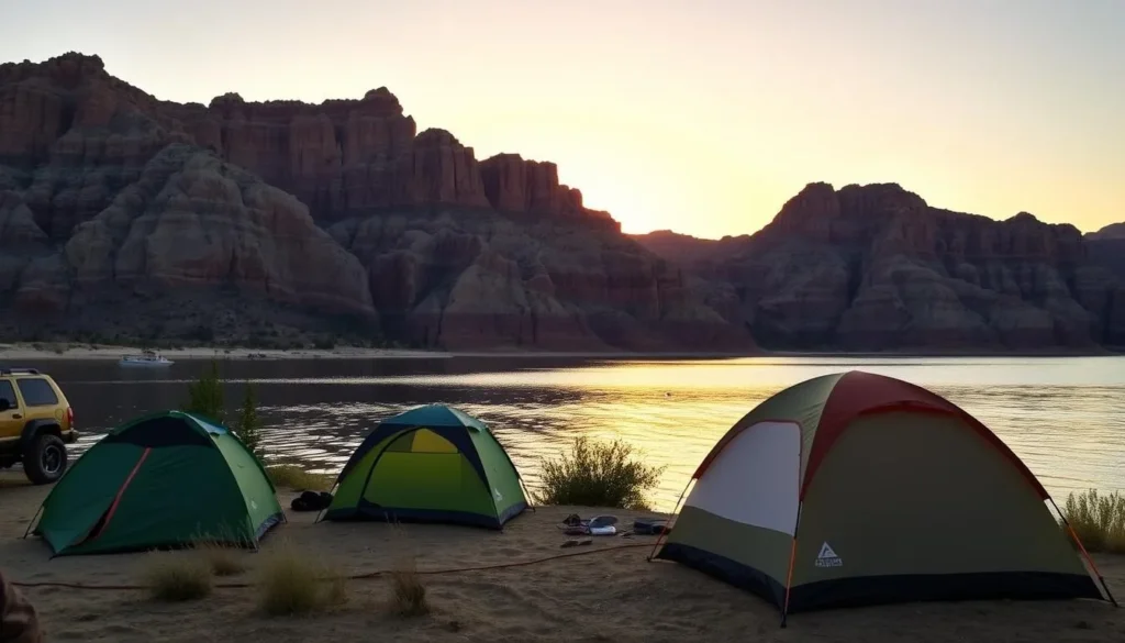Campsite at Lake Meredith with tents set up near the shoreline and canyon walls in the background