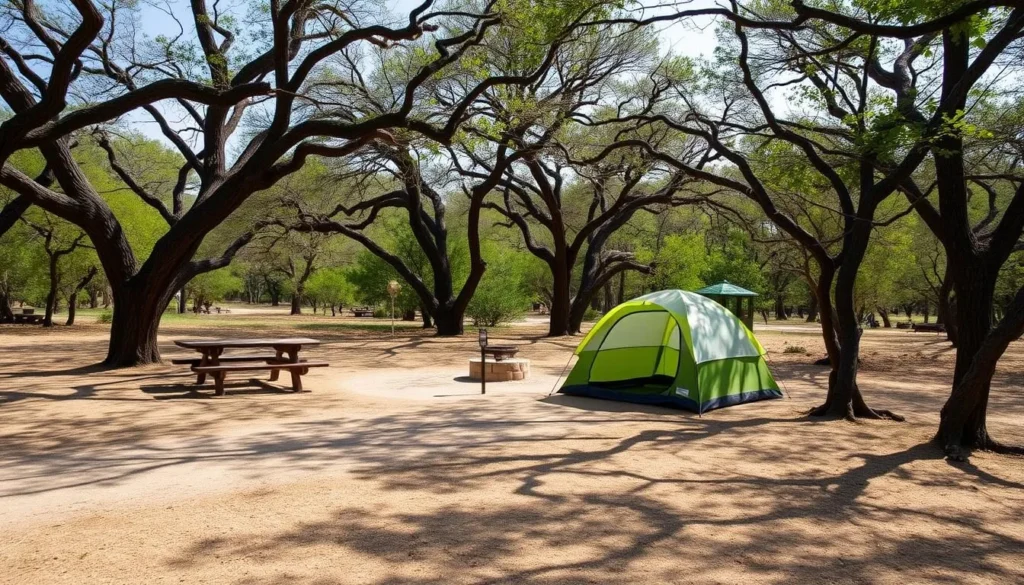 Campsite at Lost Maples State Natural Area with tent setup among trees and natural surroundings