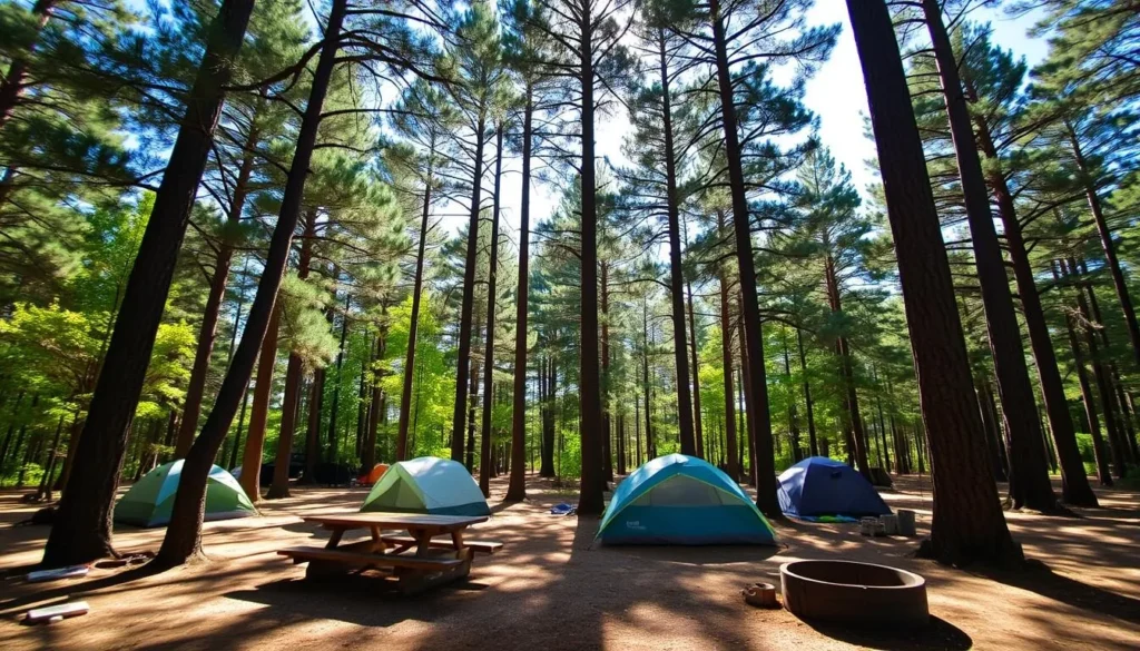 Campsite at Malakoff Diggins State Historic Park with tents under tall pine trees