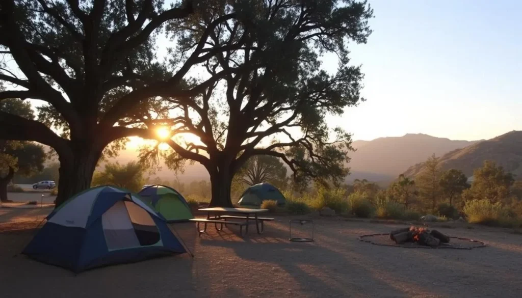 Campsite at Malibu Creek State Park with tents set up among oak trees at sunset