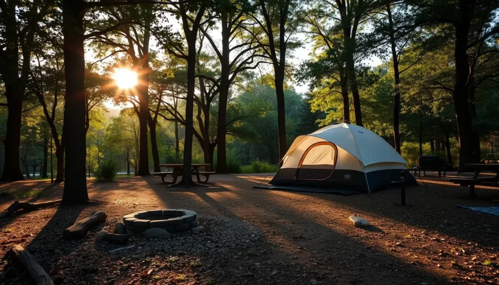 Campsite at McKinney Falls State Park with tent setup among trees Campsite at McKinney Falls State Park with tent setup among trees