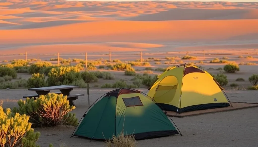Campsite at Monahans Sandhills State Park with tents set up near sand dunes Campsite at Monahans Sandhills State Park with tents set up near sand dunes