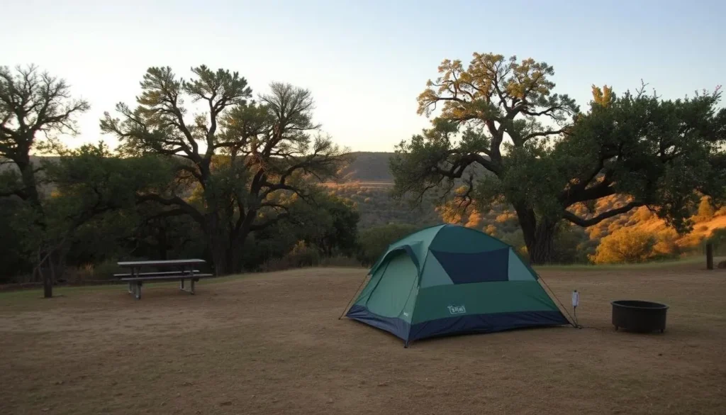Campsite at Pedernales Falls State Park with tent setup among trees Campsite at Pedernales Falls State Park with tent setup among trees