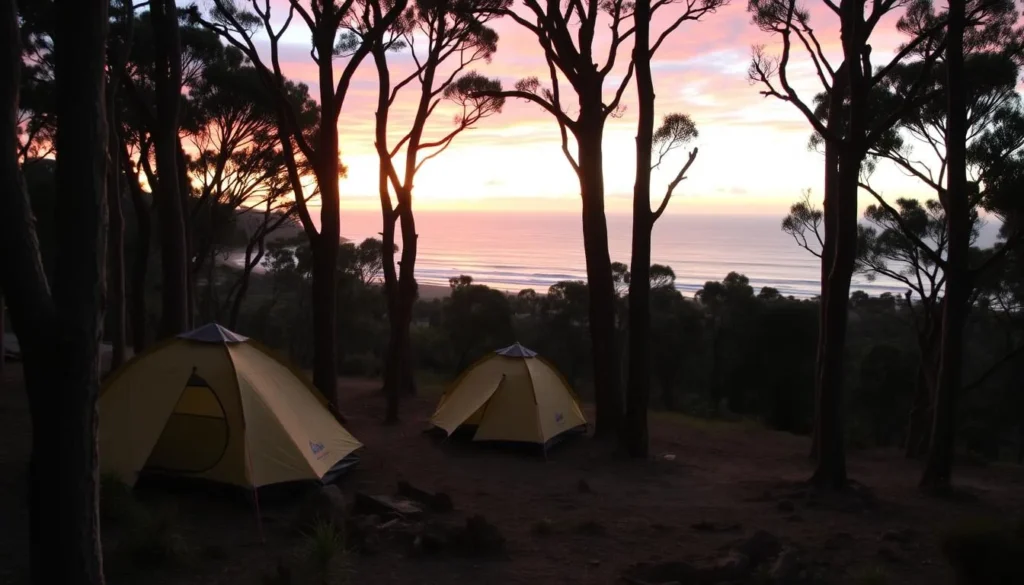 Campsite at Pondalowie Bay in Innes National Park with tents and ocean view