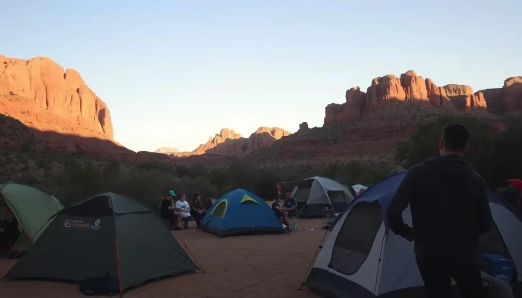 Campsite at Ricardo Campground with red cliffs in background at Red Rock Canyon State Park California