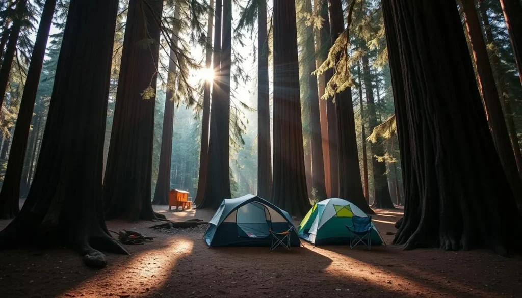 Campsite at Richardson Grove State Park surrounded by redwood trees