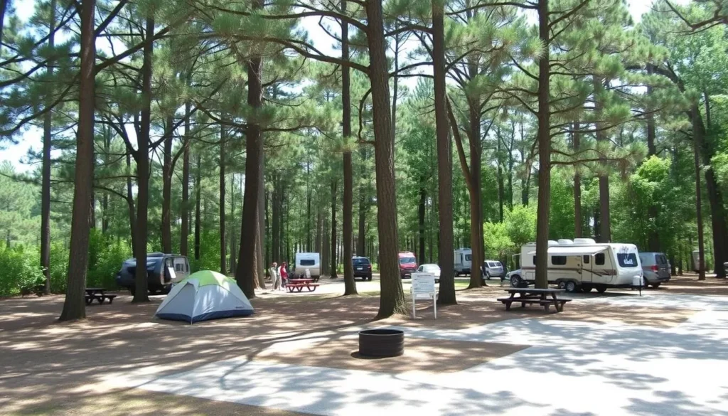 Campsite at St. George Island State Park with tents set up among pine trees Campsite at St. George Island State Park with tents set up among pine trees