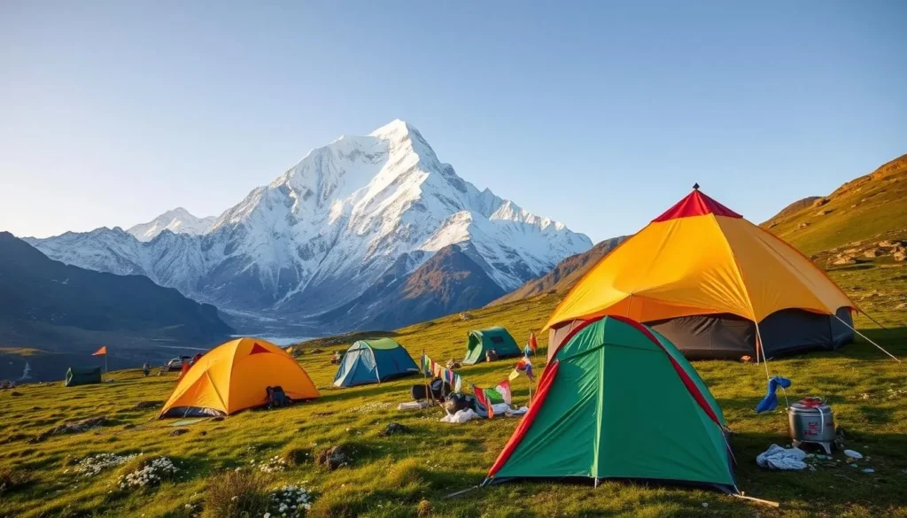 Campsite near Gangkhar Puensum with tents set up in alpine meadow and mountain views
