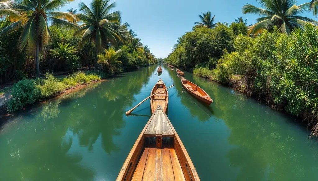 Canal des Pangalanes waterway near Brickaville with traditional pirogues and lush vegetation