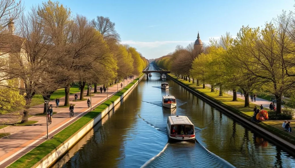 Canal du Midi in Toulouse with people cycling along tree-lined paths in spring