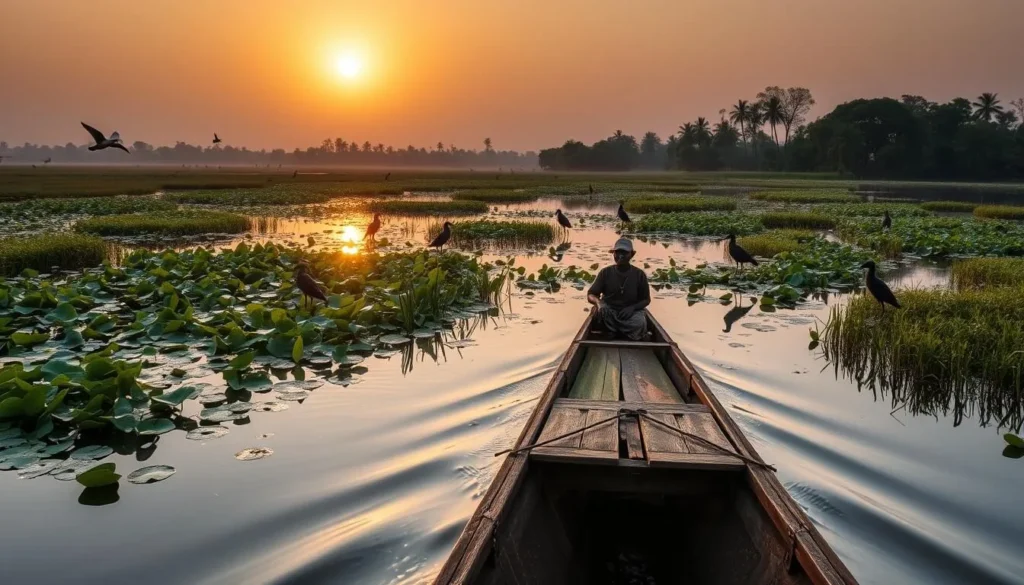 Canoe journey through the Sudd wetlands in South Sudan with water lilies and birds