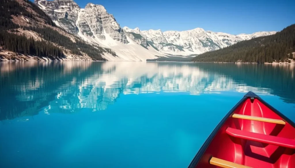 Canoe on OSA Lake in Killarney Provincial Park with crystal clear blue water and white quartzite hills in the background - essential things to do in Killarney, Ontario