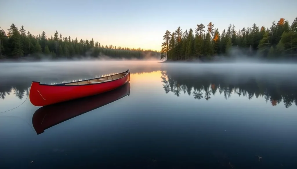 Canoe on a misty lake at sunrise in Algonquin Provincial Park, Ontario