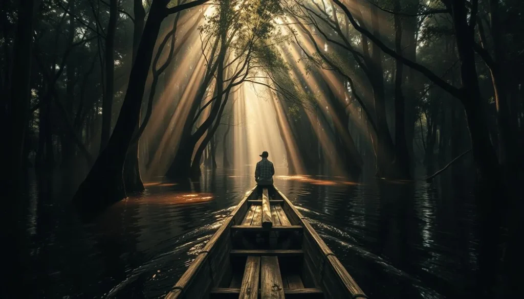 Canoe tour through the flooded forest (Floresta Encantada) during rainy season with sunlight filtering through trees Canoe tour through the flooded forest (Floresta Encantada) during rainy season with sunlight filtering through trees