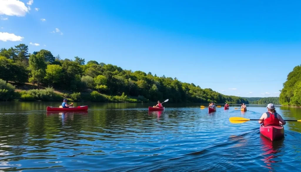 Canoeing on Duck River in Columbia Tennessee with green shoreline