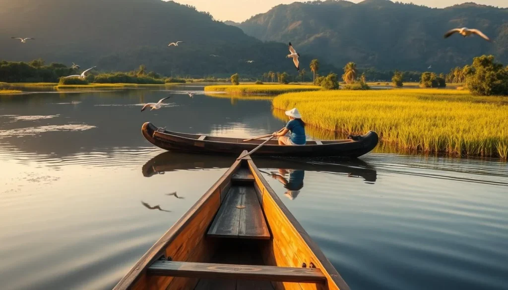 Canoeing through wetlands in Wasur National Park with birds flying overhead