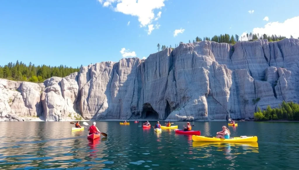 Canoeists paddling near Mazinaw Rock at Bon Echo Provincial Park