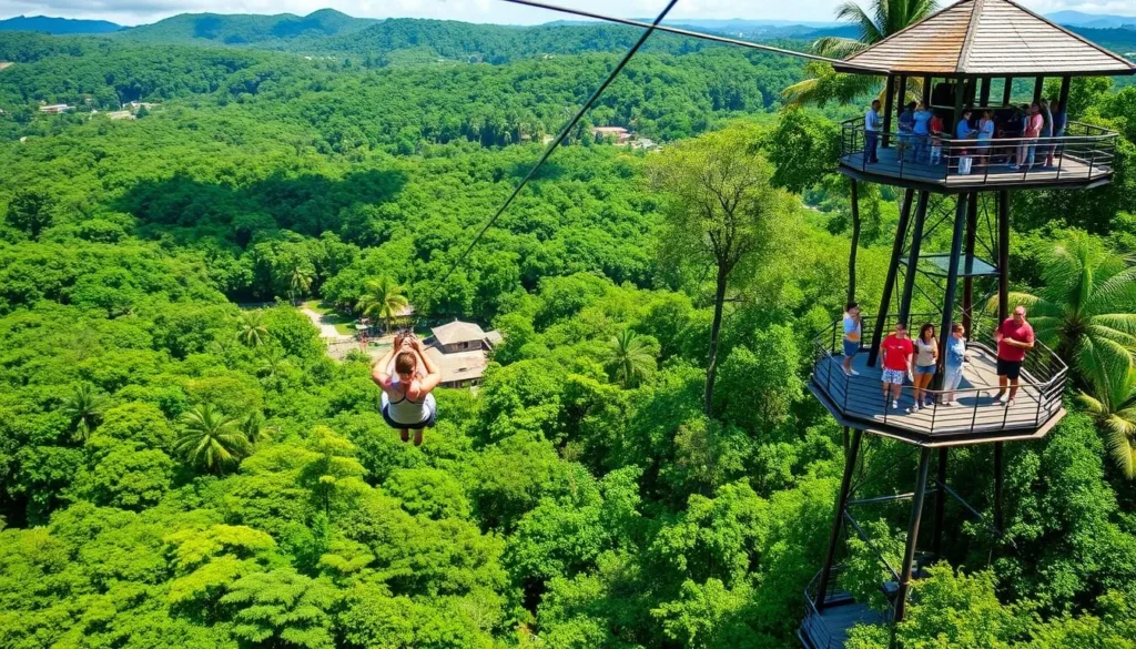 Canopy tour zipline in Las Terrazas with tourists gliding over the forest canopy Canopy tour zipline in Las Terrazas with tourists gliding over the forest canopy