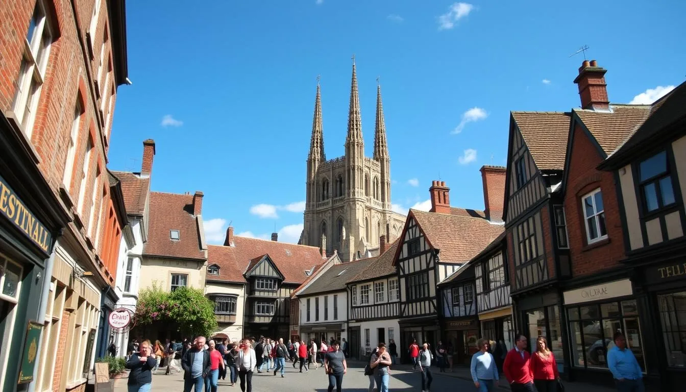 Canterbury Cathedral spires rising above the historic city center with cobbled streets