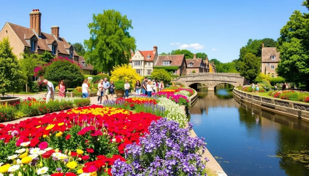 Canterbury's Westgate Gardens in full summer bloom with colorful flowers along the River Stour